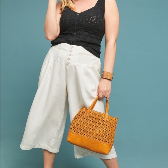 Anthropologie Oceanside wide leg cropped pants cream Small beachy coastal boho - Picture 3 of 15